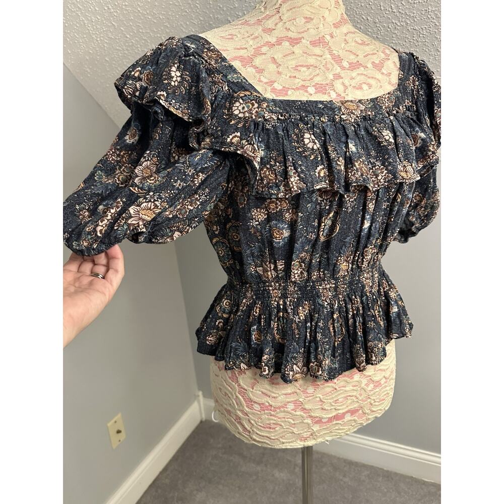 EUC ULLA JOHNSON Warner Floral Ruffle Puff-sleeve Peplum Blouse Sz 14 - Picture 6 of 7